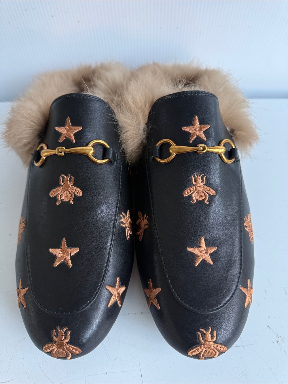Faux Fur Lined Luxury Slippers Mules Horsebit Buckle Bees Stars US 9.5 EU 40 - Picture 2 of 7